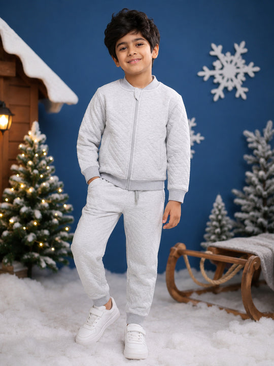 Kiddopanti Boys & Girls Cotton Knit Full Sleeves Solid Quilted Winter Jacket & Jogger Pant Co Orde Set