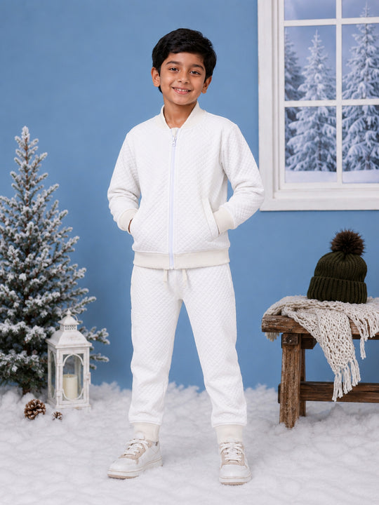 Kiddopanti Boys & Girls Cotton Knit Full Sleeves Solid Quilted Winter Jacket & Jogger Pant Co Orde Set