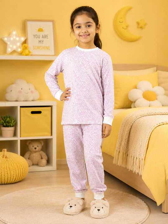 Kiddopanti Boys & Girls Cotton Knit Full Sleeves All Over Graphic Printed T-Shirt and Pant Night Set