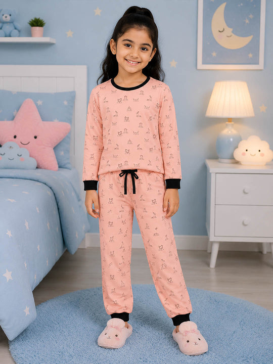 Kiddopanti Boys & Girls Cotton Knit Full Sleeves All Over Graphic Printed T-Shirt and Pant Night Set
