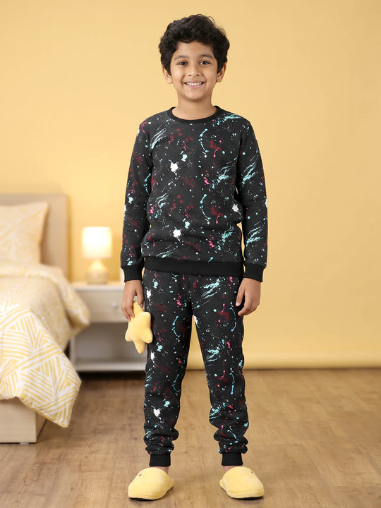 Kiddopanti Boys & Girls Cotton Fleece Full Sleeves Tie & Diy T-Shirt and Pant Night Set