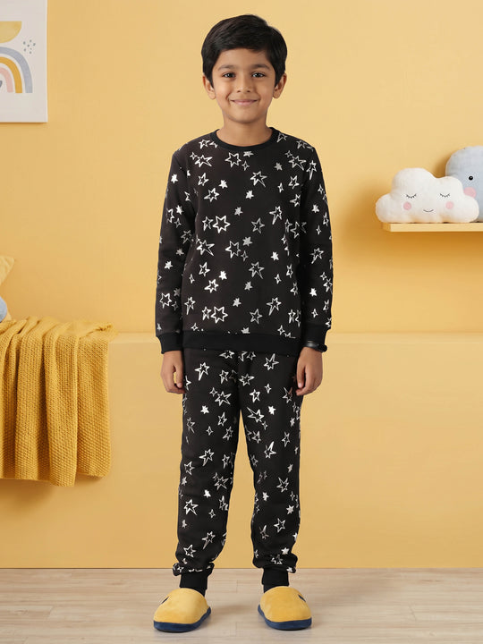 Kiddopanti Boys & Girls Cotton Fleece Full Sleeves Tie & Diy T-Shirt and Pant Night Set