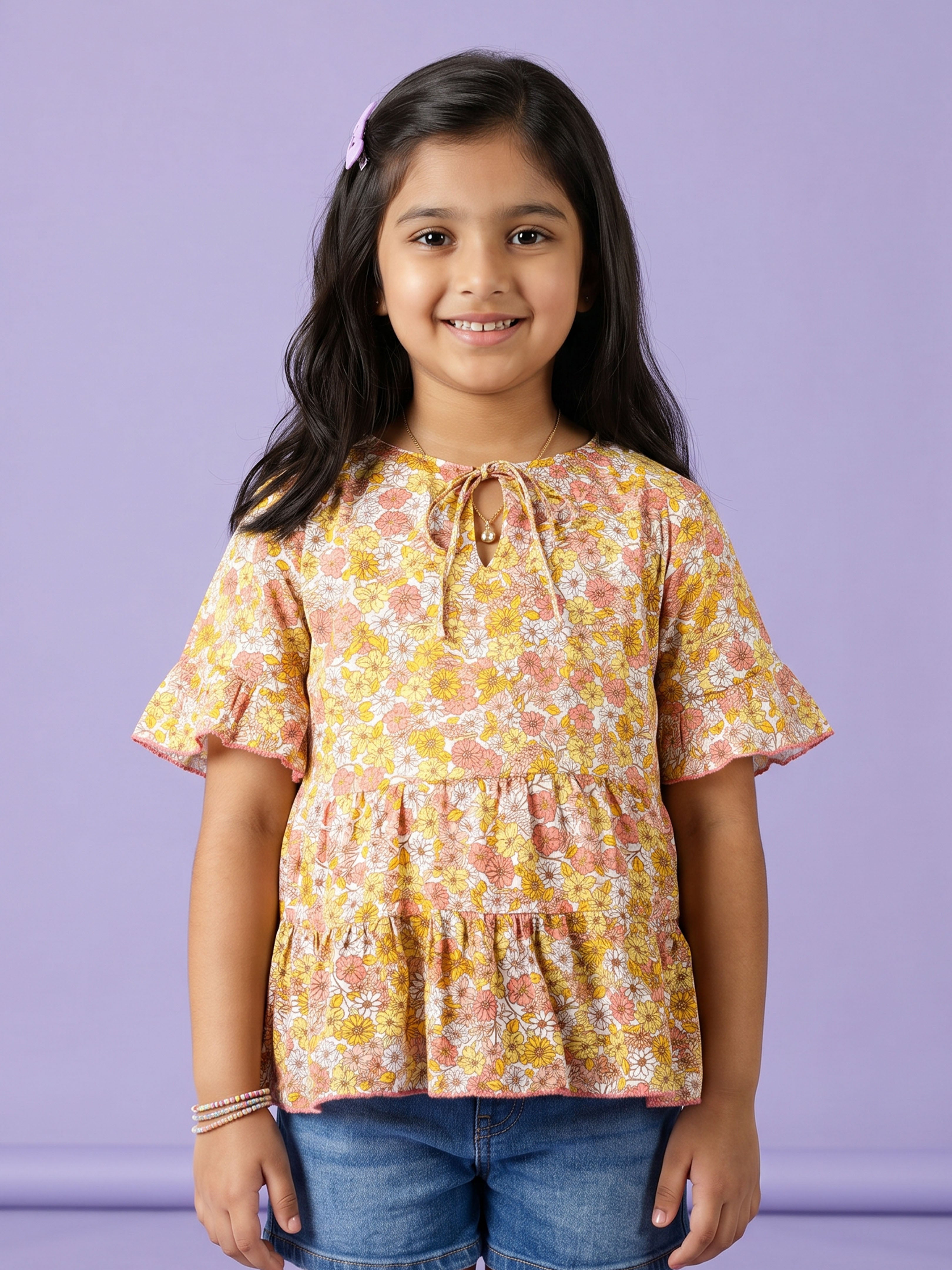 Kiddopanti Girls Georgette Woven Half Sleeves Printed Tie Up Tiered Top