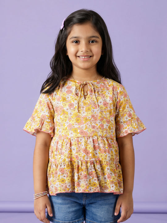 Kiddopanti Girls Georgette Woven Half Sleeves Printed Tie Up Tiered Top