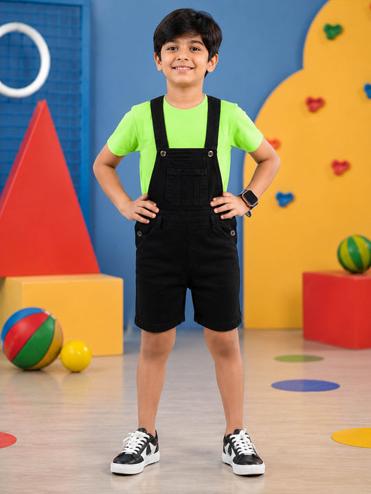 Kiddopanti Boys Denim Printed & Solid Above Knee Length Denim Dungaree Shorts With Basic 5 Pockets