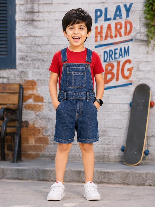 Kiddopanti Boys Denim Printed & Solid Above Knee Length Denim Dungaree Shorts With Basic 5 Pockets