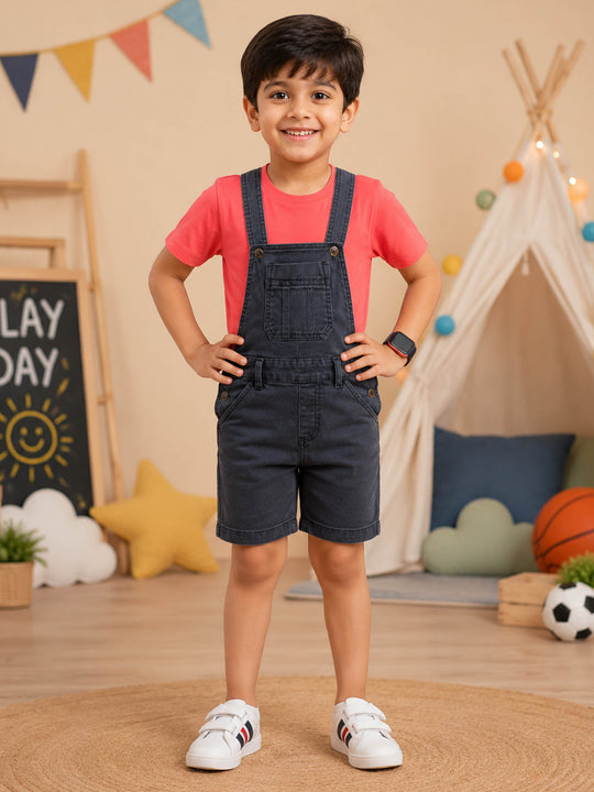 Kiddopanti Boys Denim Printed & Solid Above Knee Length Denim Dungaree Shorts With Basic 5 Pockets