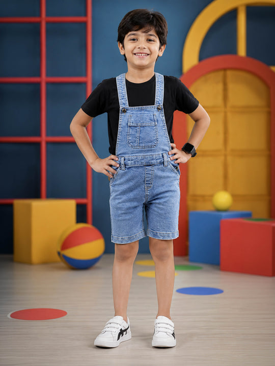 Kiddopanti Boys Denim Printed & Solid Above Knee Length Denim Dungaree Shorts With Basic 5 Pockets