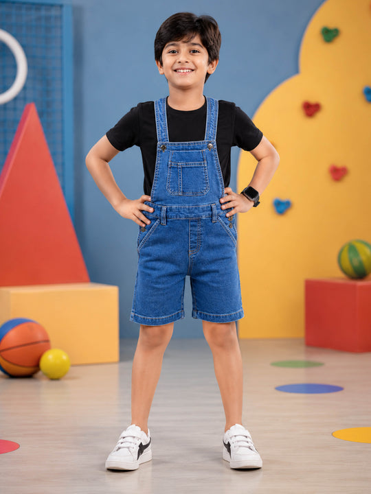 Kiddopanti Boys Denim Printed & Solid Above Knee Length Denim Dungaree Shorts With Basic 5 Pockets