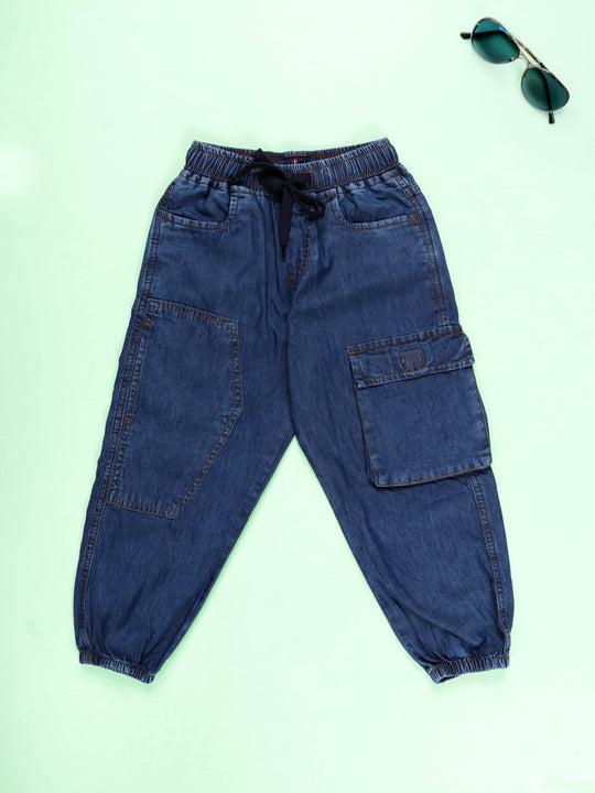 Kiddopanti Boys Blue Denim Cargo Jogger Jeans Elastic Waist with Utility Pockets