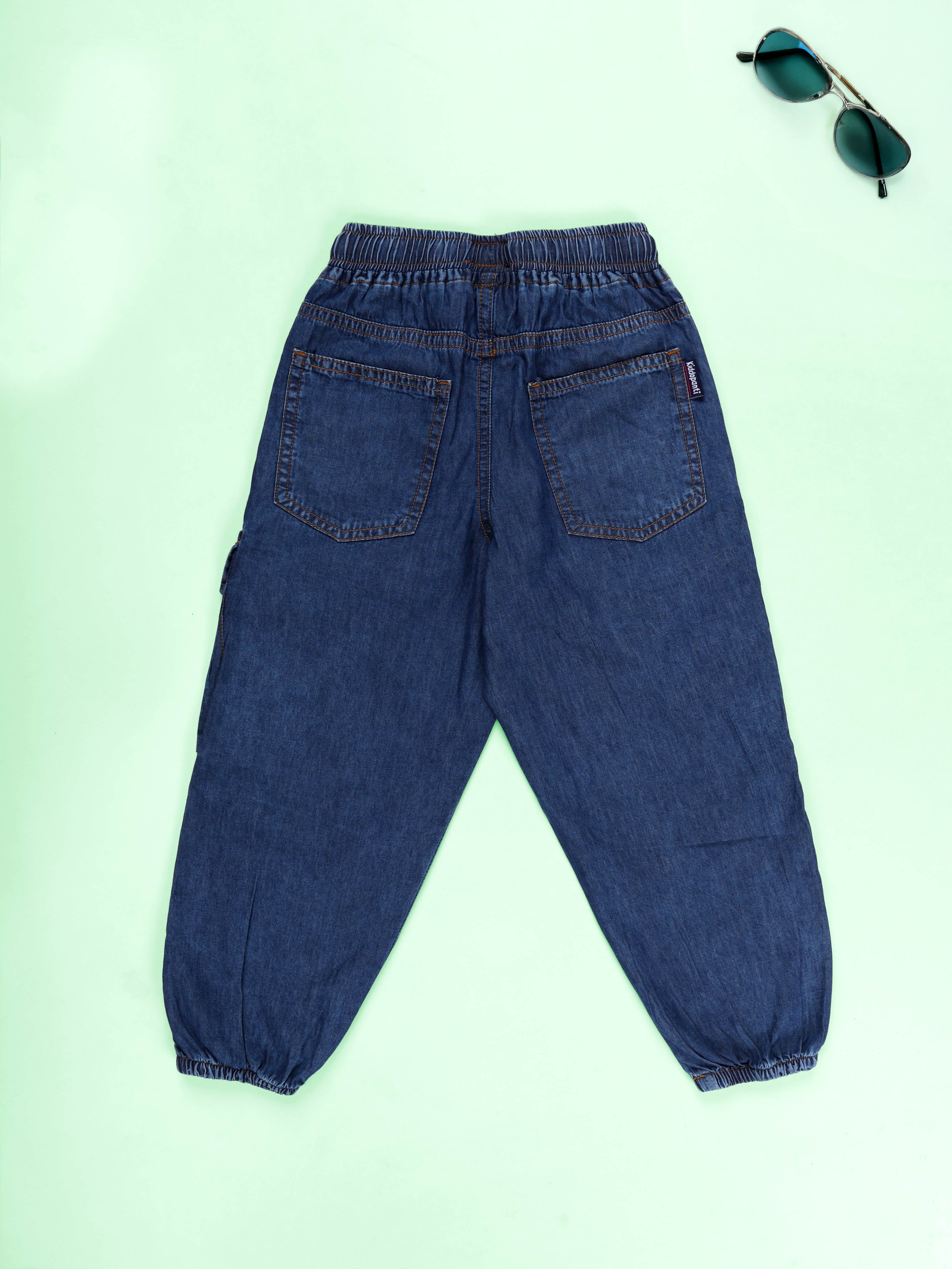 Kiddopanti Boys Blue Denim Cargo Jogger Jeans Elastic Waist with Utility Pockets
