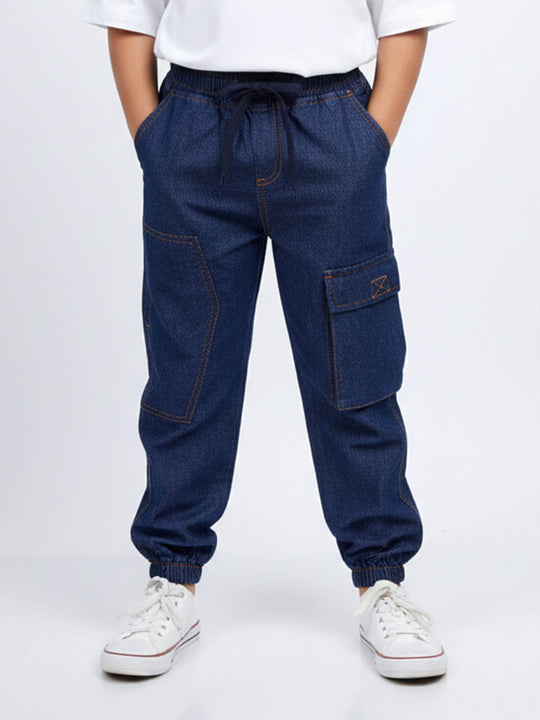 Kiddopanti Boys Denim Cargo Jogger Jeans Elastic Waist with Utility Pockets