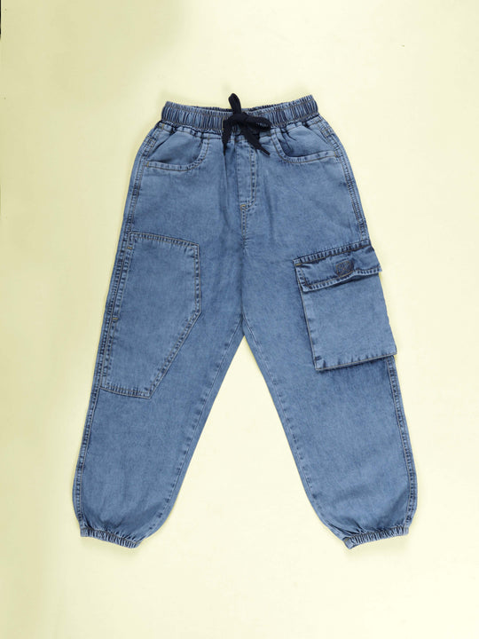 Kiddopanti Boys Blue Denim Cargo Jogger Jeans Elastic Waist with Utility Pockets