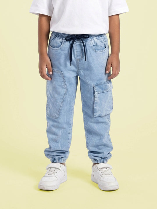 Kiddopanti Boys Denim Cargo Jogger Jeans Elastic Waist with Utility Pockets