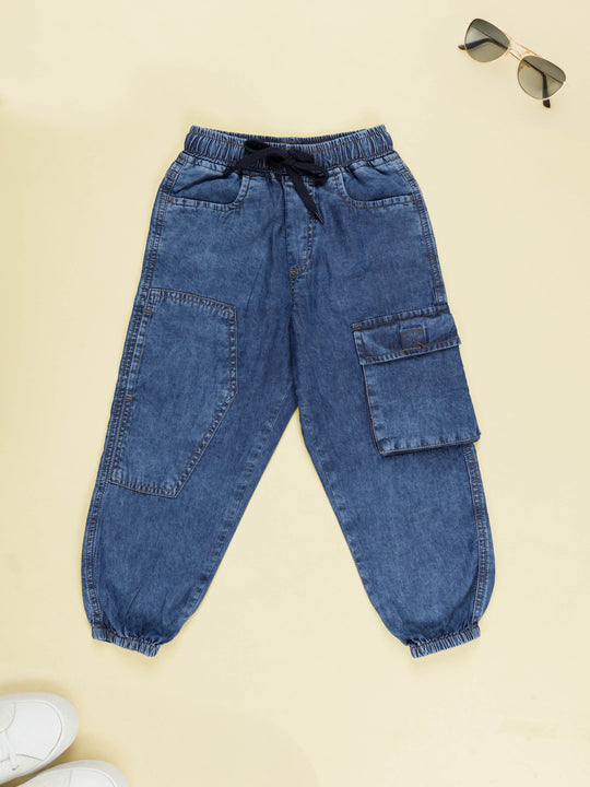 Kiddopanti Boys Blue Denim Cargo Jogger Jeans Elastic Waist with Utility Pockets