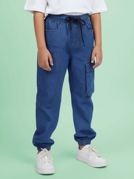 Kiddopanti Boys Denim Cargo Jogger Jeans Elastic Waist with Utility Pockets