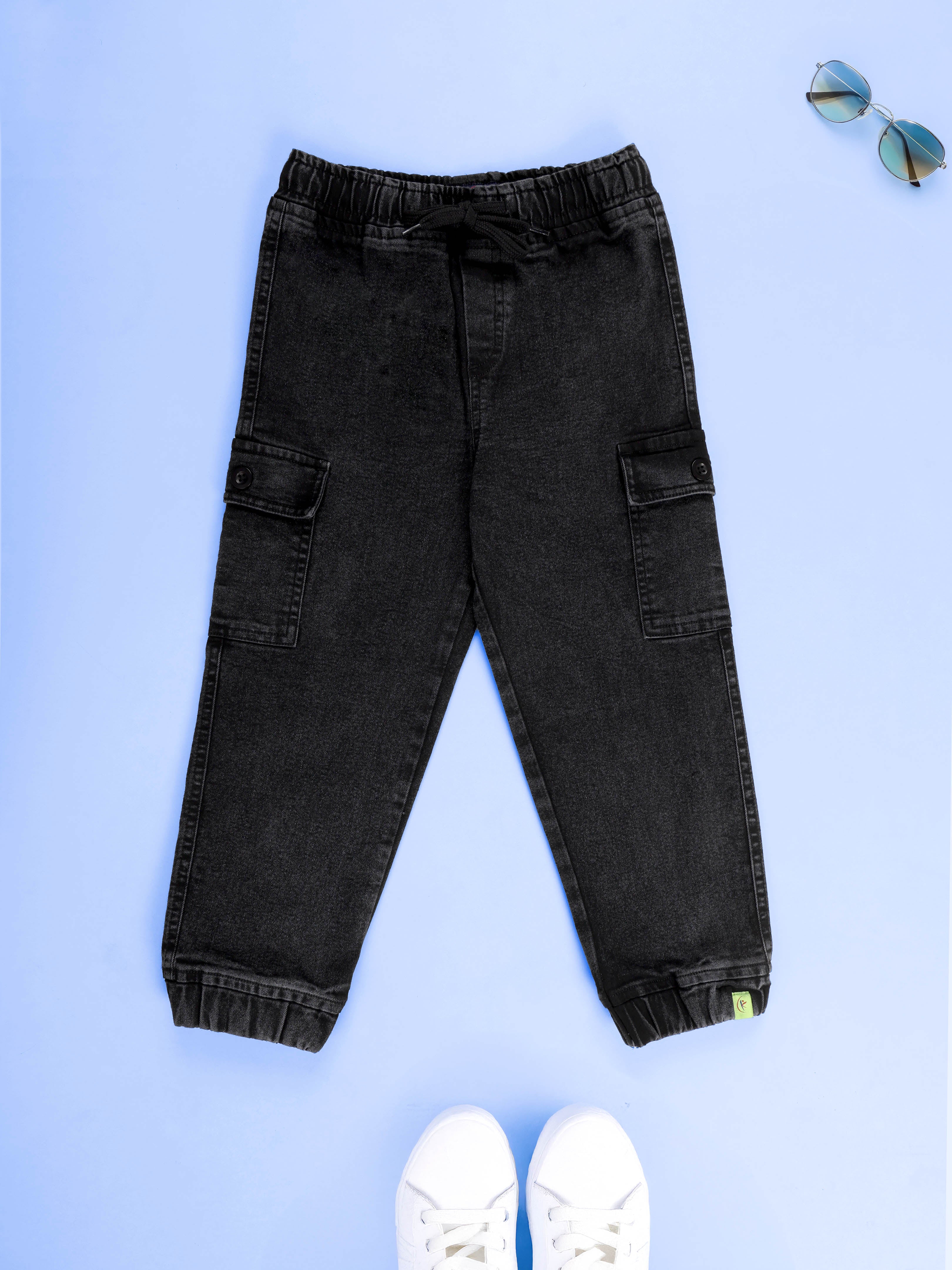 Boys Denim Solid Cargo Jogger Pant