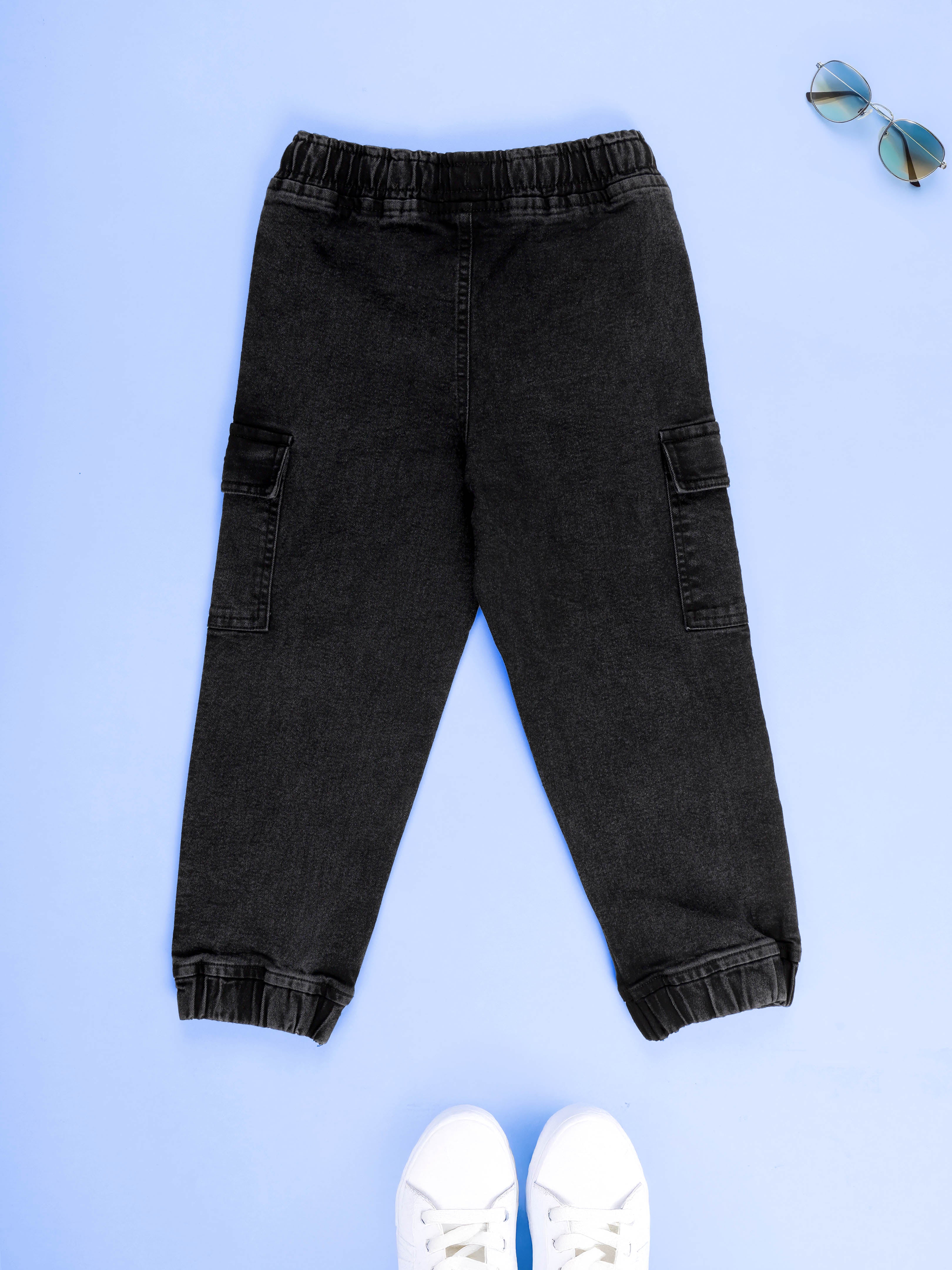 Boys Denim Solid Cargo Jogger Pant