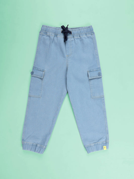 Boys Denim Solid Cargo Jogger Pant