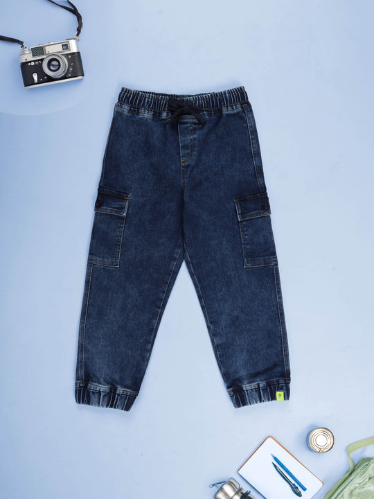 Boys Denim Solid Cargo Jogger Pant
