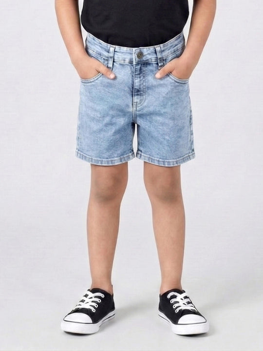 Kiddopanti Boys Solid Denim Shorts Above Knee Regular Fit 5 Pocket Casual Wear with Elastic Waist