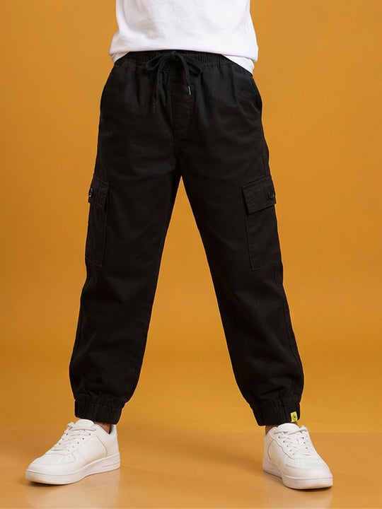 Kiddopanti Boys Twill Cotton Solid Cargo Jogger Pants