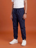 Kiddopanti Boys Twill Cotton Solid Cargo Jogger Pants - Navy / 1-2Y