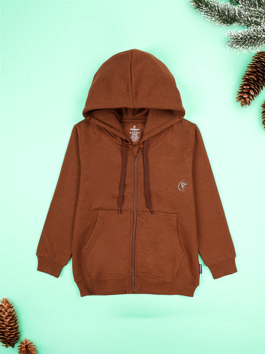 Boys Fleece Full Sleeves Solid Zip Front Open Hooded Sweatshirt
