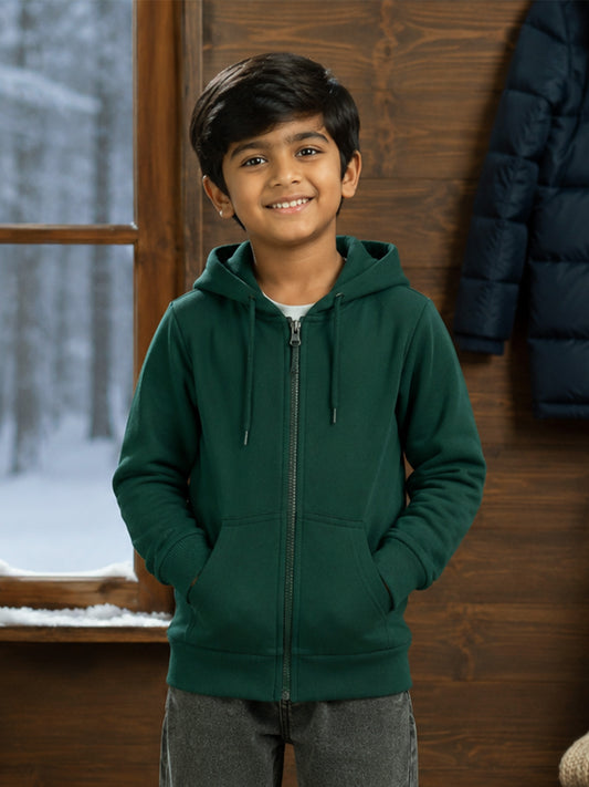 Kiddopanti Boys & Girls Cotton Fleece Full Sleeves Solid Zip Front Open Hooded Sweatshirt