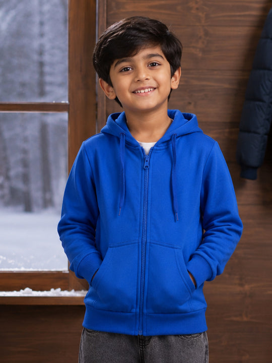 Kiddopanti Boys & Girls Cotton Fleece Full Sleeves Solid Zip Front Open Hooded Sweatshirt