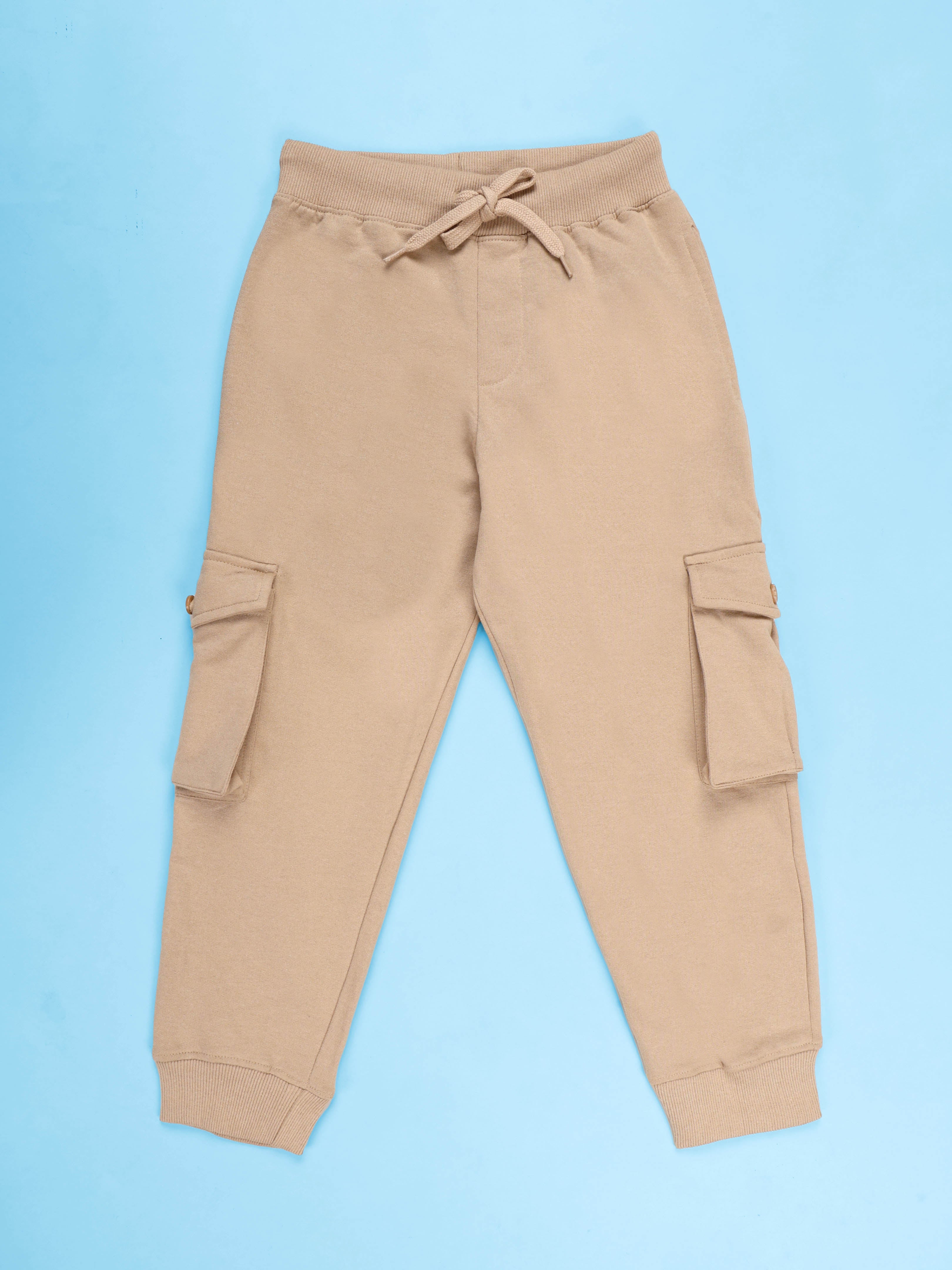 Kiddopanti Boys Cotton Fleece Solid Cargo Track Pant Joggers