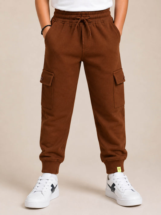 Kiddopanti Boys Cotton Fleece Solid Joggers Cargo Pocket Track Pants with Ribbed Cuffs