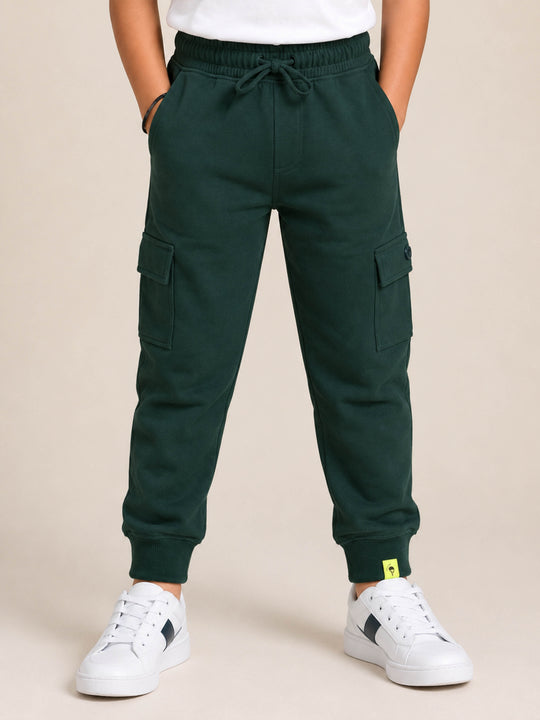 Kiddopanti Boys Cotton Fleece Solid Joggers Cargo Pocket Track Pants with Ribbed Cuffs