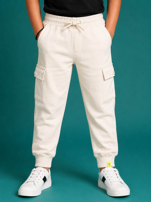 Kiddopanti Boys Cotton Fleece Solid Joggers Cargo Pocket Track Pants with Ribbed Cuffs
