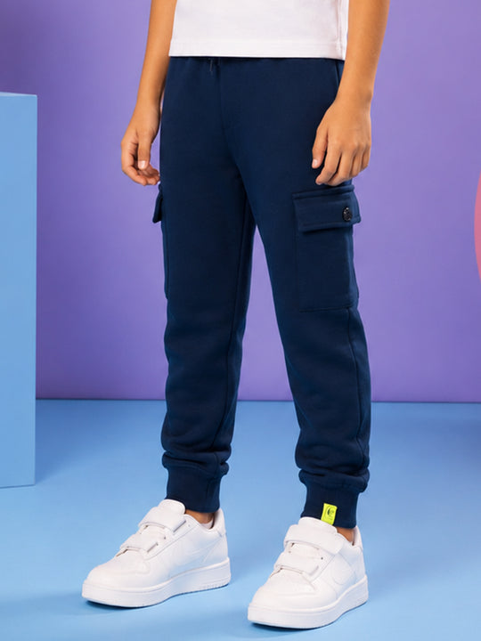 Kiddopanti Boys Cotton Fleece Solid Joggers Cargo Pocket Track Pant with Ribbed Cuffs