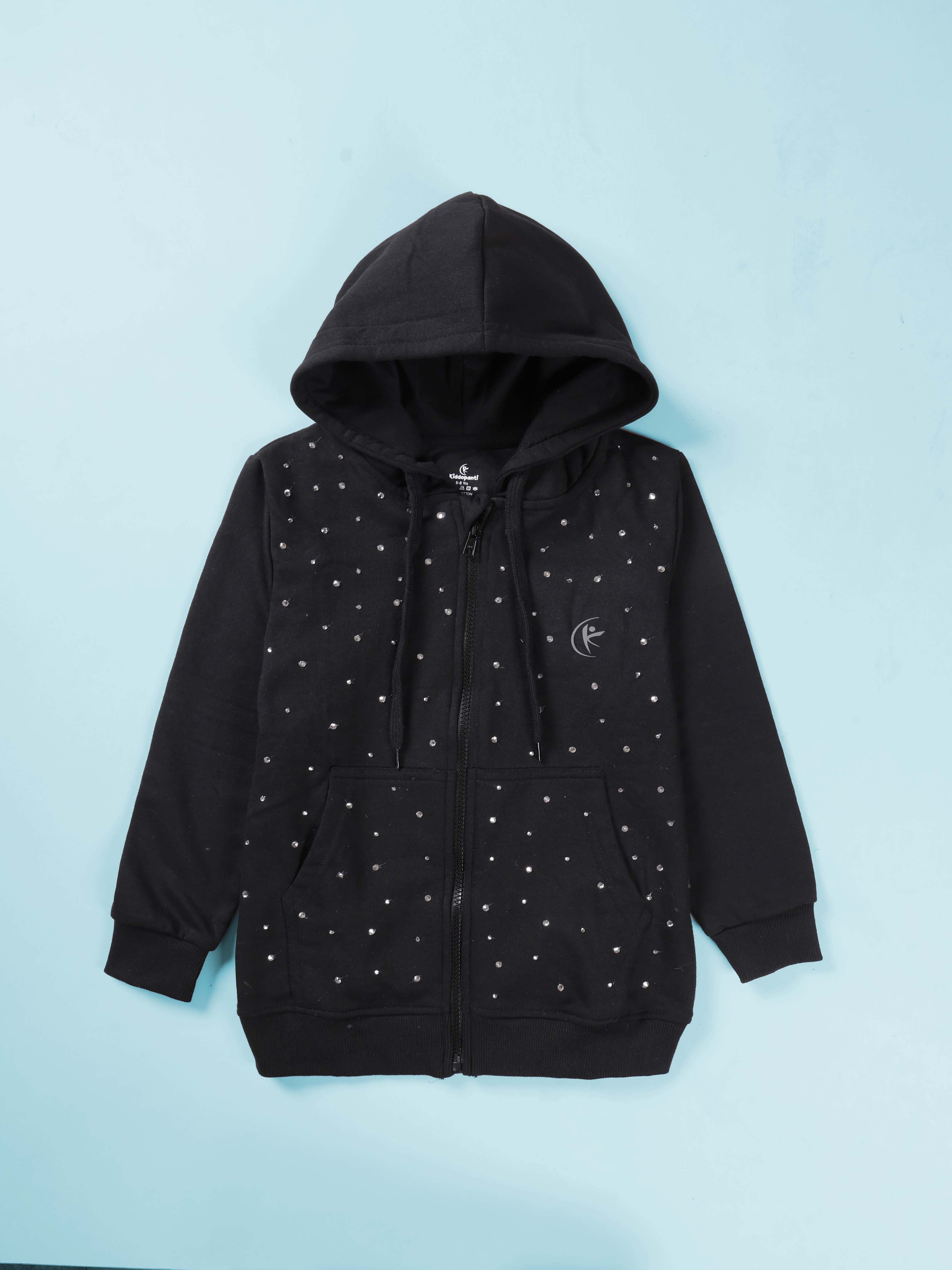 Girls Cotton Fleece Full Sleeves Zip Front Open Solid Butterfly Beads And Rhinestones Hooded Sweatshirt