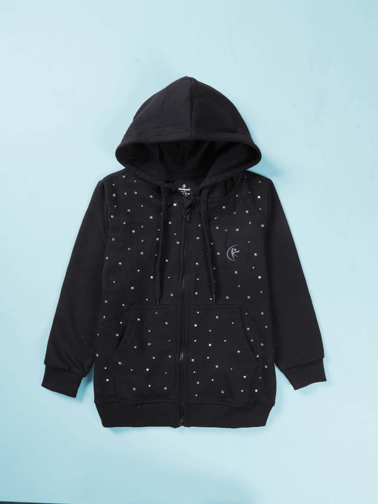 Girls Cotton Fleece Full Sleeves Zip Front Open Solid Butterfly Beads And Rhinestones Hooded Sweatshirt