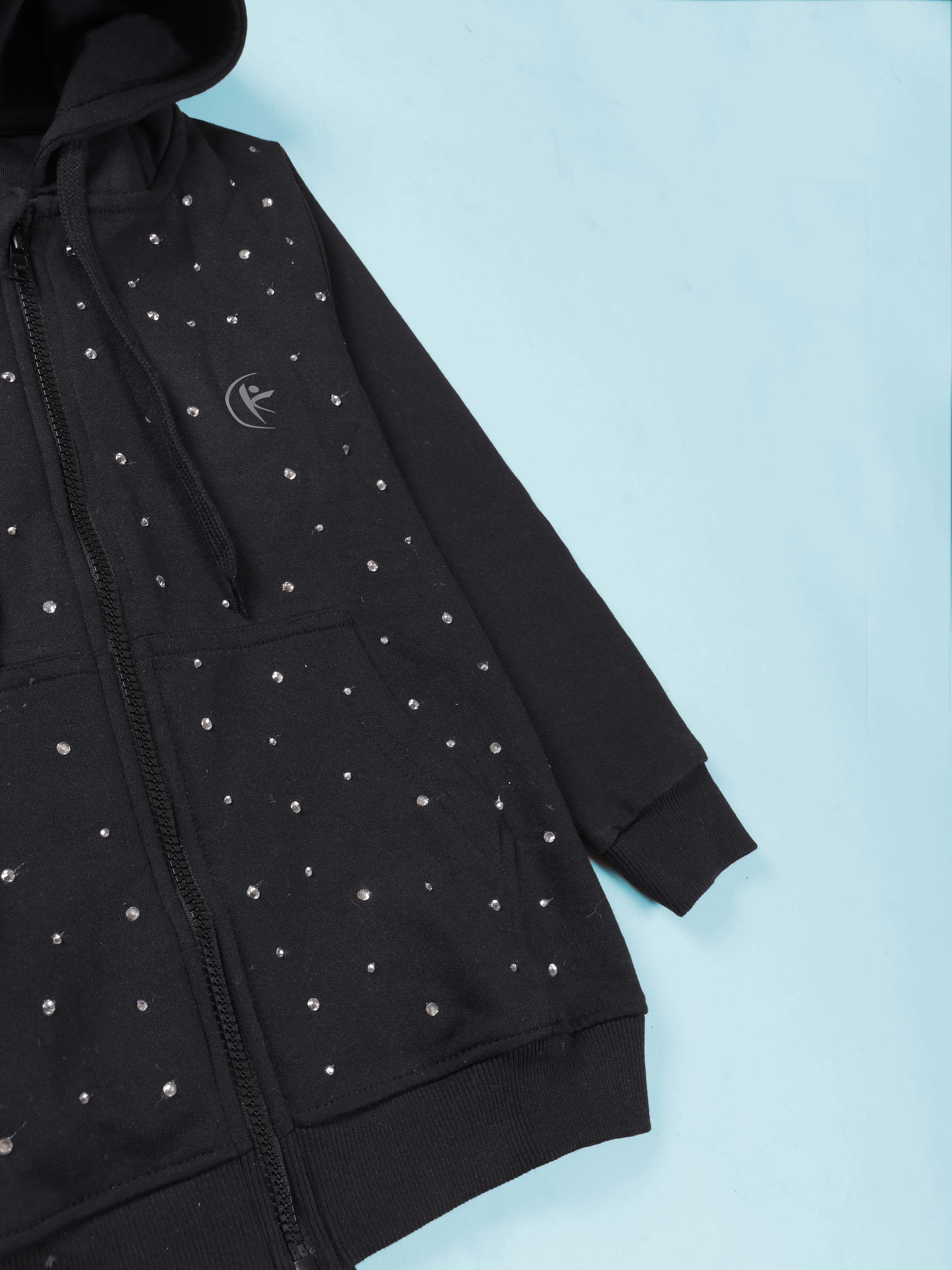 Girls Cotton Fleece Full Sleeves Zip Front Open Solid Butterfly Beads And Rhinestones Hooded Sweatshirt