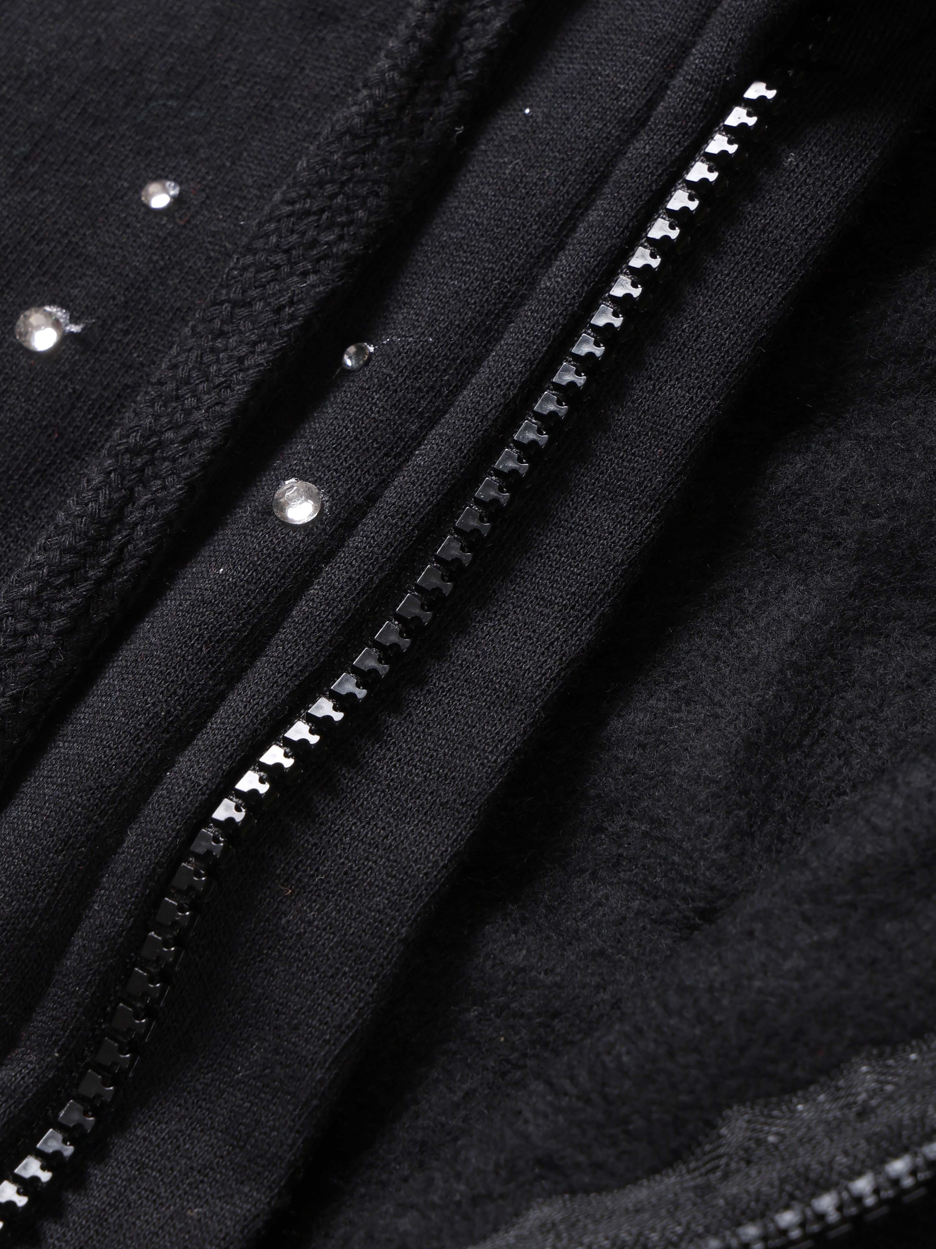 Girls Cotton Fleece Full Sleeves Zip Front Open Solid Butterfly Beads And Rhinestones Hooded Sweatshirt