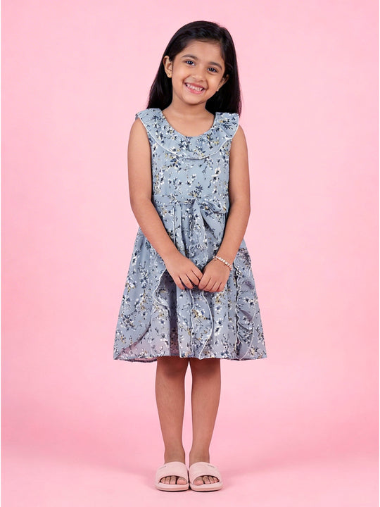 Kiddopanti Girls Georgette Sleeveless Floral Printed Dress With Frilled Neck Line