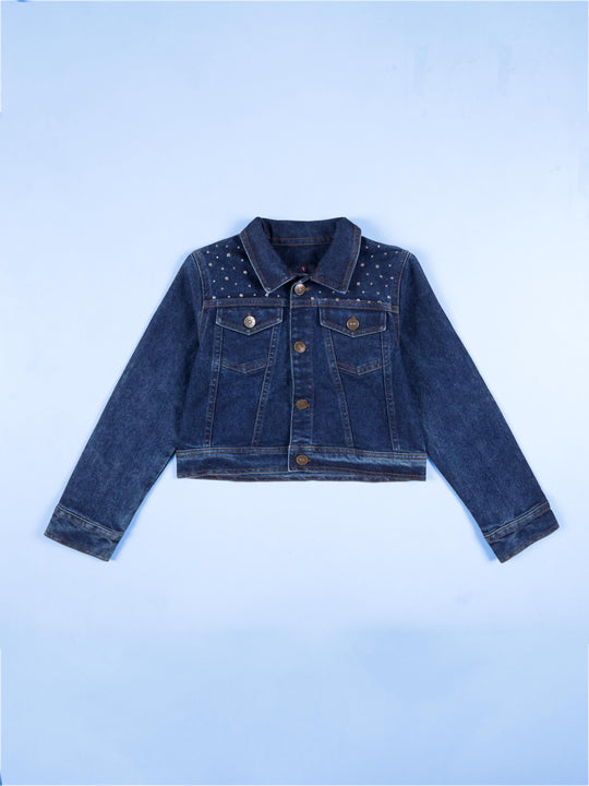 Kiddopanti Girls Full Sleeves Crop Denim Jacket with Rhinestones