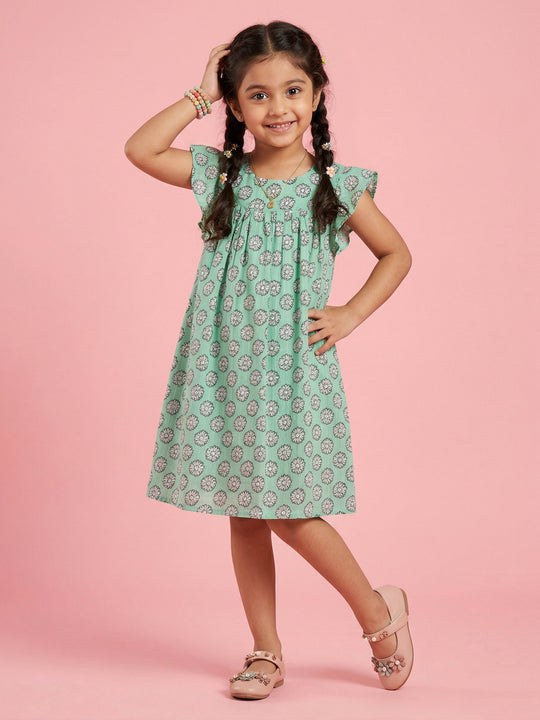 Kiddopanti Girls Cotton Woven Frill Cap Sleeves Floral Printed Dress