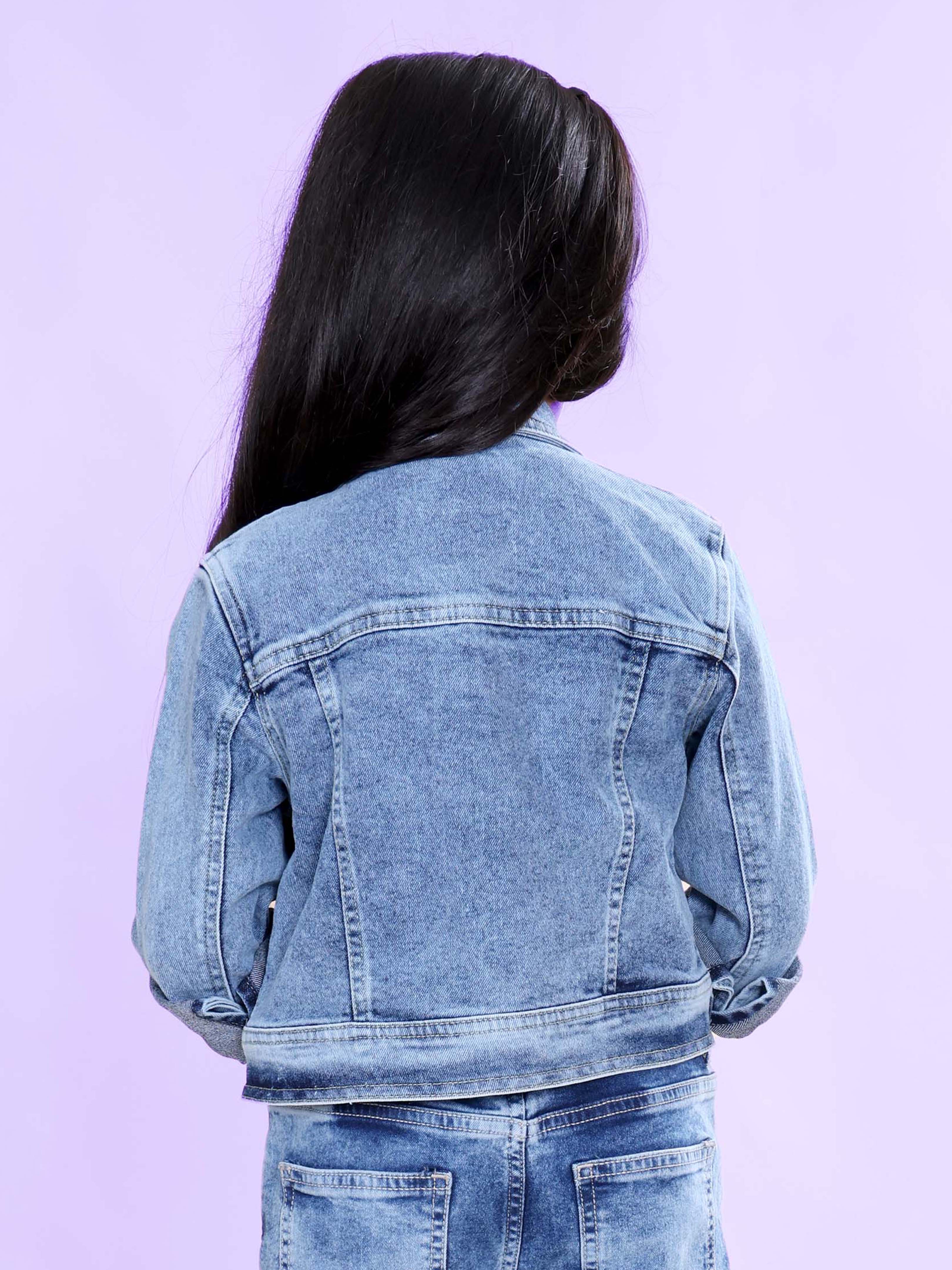Girls Full Sleeve Crop Denim Jacket With Hello Japan Badge and Cherry Blossom Flowers