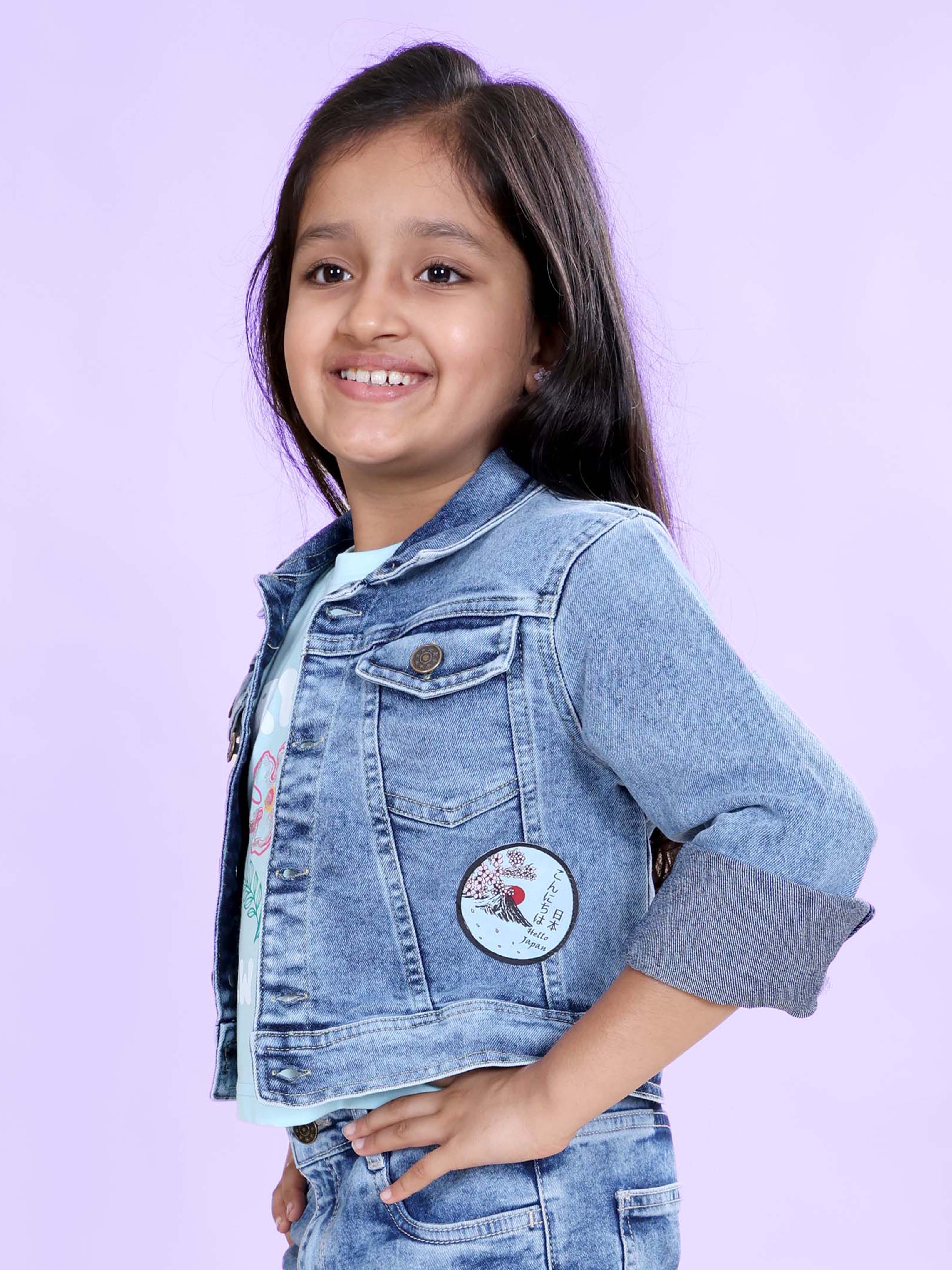 Girls Full Sleeve Crop Denim Jacket With Hello Japan Badge and Cherry Blossom Flowers