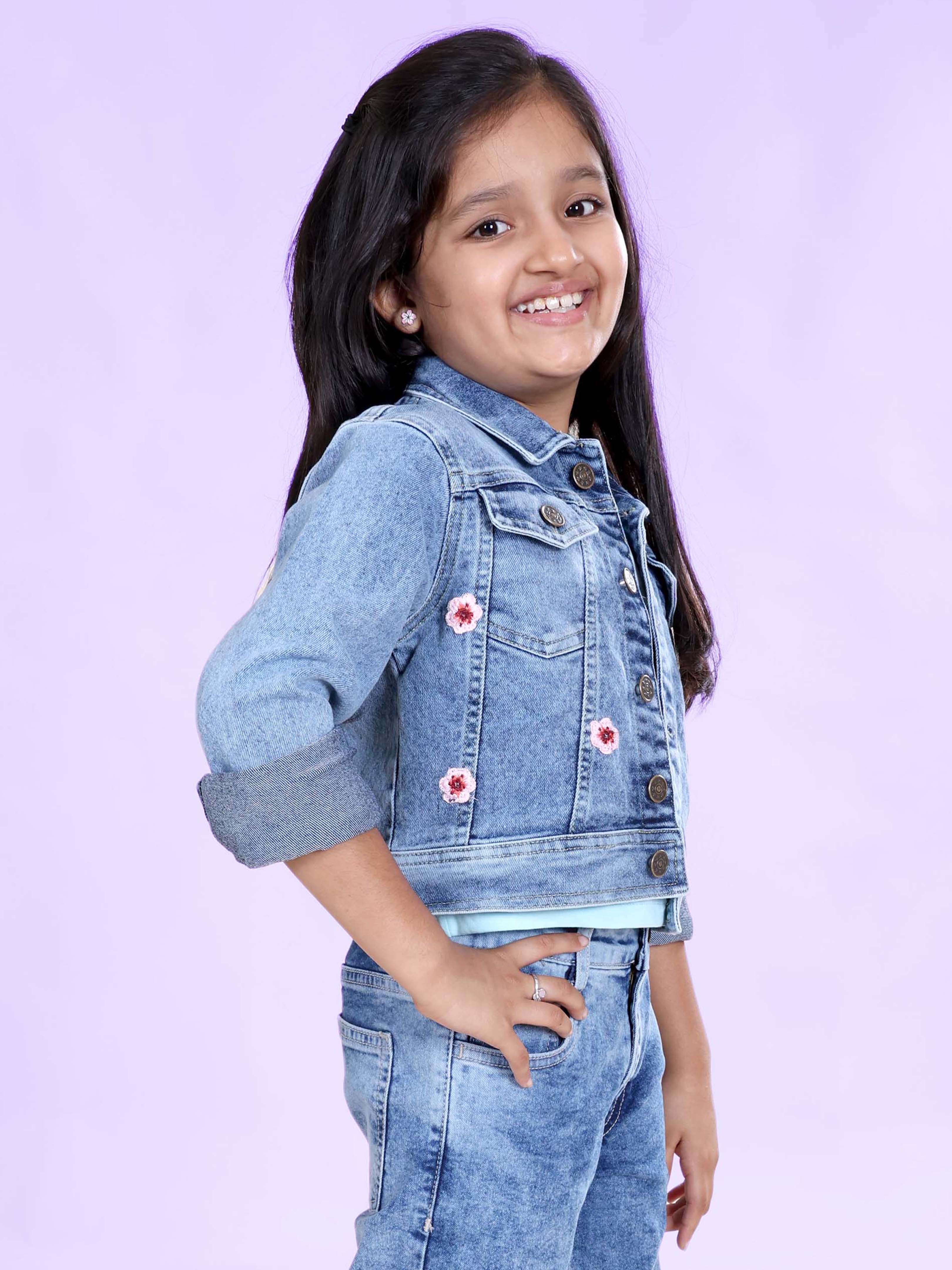 Girls Full Sleeve Crop Denim Jacket With Hello Japan Badge and Cherry Blossom Flowers