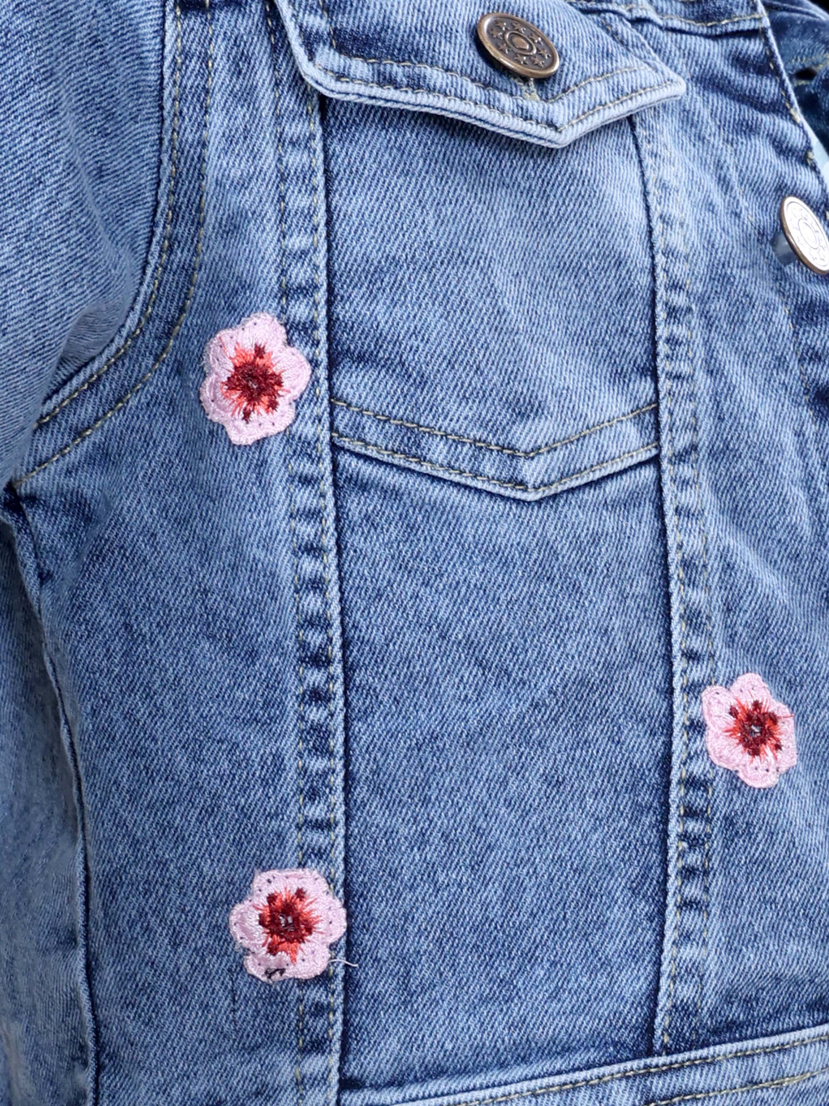 Girls Full Sleeve Crop Denim Jacket With Hello Japan Badge and Cherry Blossom Flowers