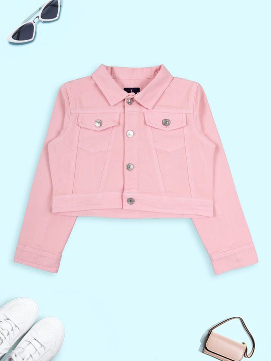 Girls Denim Woven Full Sleeves Solid Crop Denim Jacket