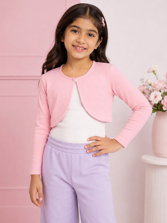 Kiddopanti Girls Fleece Full Sleeves Solid Crop Shrug