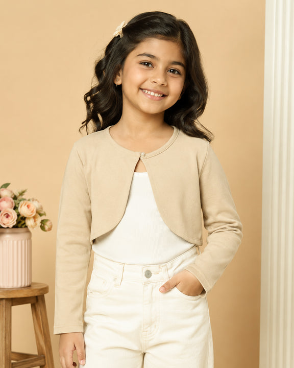 Kiddopanti Girls Fleece Full Sleeves Solid Crop Shrug