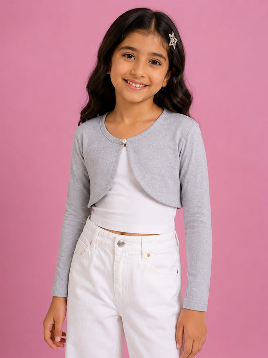 Kiddopanti Girls Fleece Full Sleeves Solid Crop Shrug
